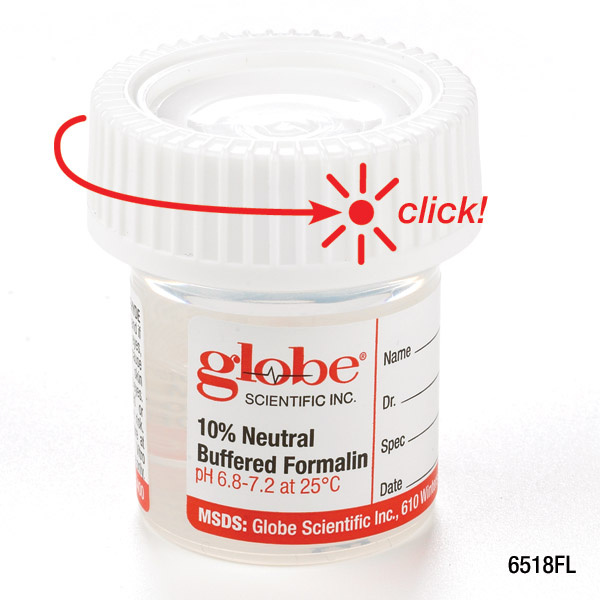 Globe Scientific Pre-Filled Container with Click Close Lid: Tite-Rite, 20mL (0.67oz), PP, Filled with 10mL of 10% Neutral Buffered Formalin, Attached Hazard Label, 24/Box, 4 Boxes/Unit Formalin; Containers; Formalin Containers; Histology; tissue